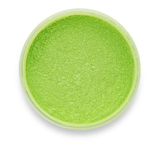 A container of Lime Green by Pigmently, a signature mica green pigment, seen from above with the lid removed to showcase the colorful contents.