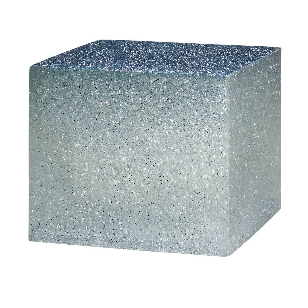 A resin cube made with the Silver Glitter Mica Powder Pigment by Pigmently.
