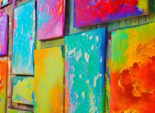 A collection of abstract paintings that were made with paints and mica powder pigments. They're hanging on a wall.