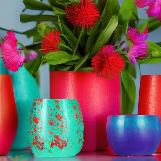 Some clay flowerpots colored brightly with pigments.