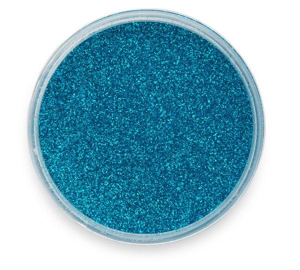 A container of Pigmently's Blue Glitter Pigment, seen from above with the lid removed to show the sparkling blue contents.