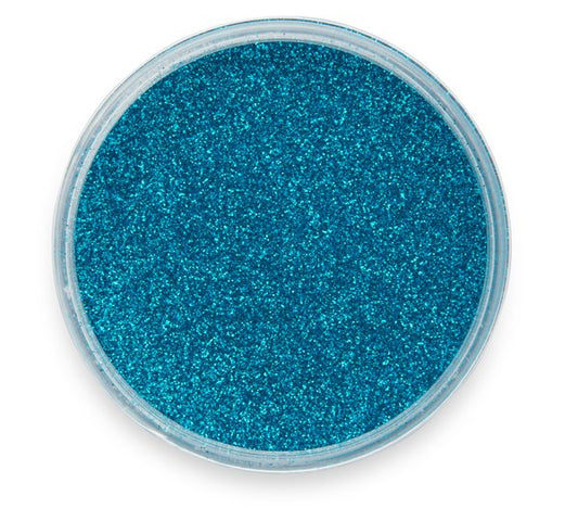 A container of Pigmently's Blue Glitter Pigment, seen from above with the lid removed to show the sparkling blue contents.
