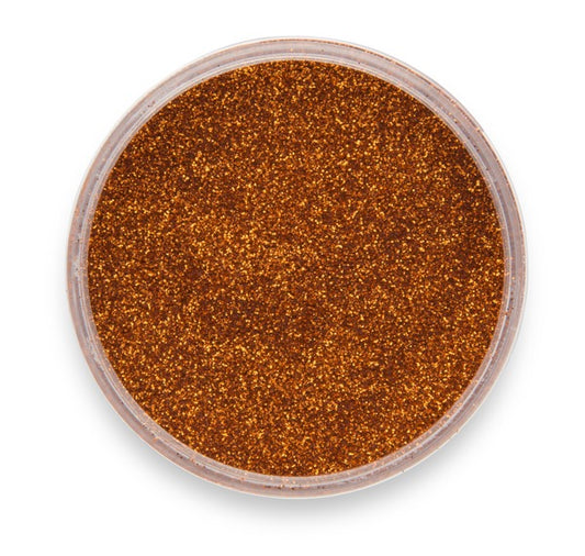 An open container of Bronze Glitter Metallic Pigment by Pigmently. Seen from above with the lid removed to show the vivid contents.