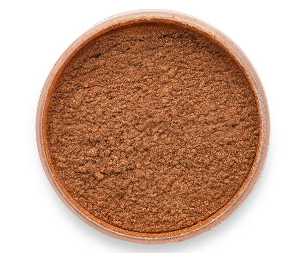 A container of Bronze Goddess, a signature bronze mica powder by Pigmently. Seen from above with the lid removed to showcase the vivid contents.
