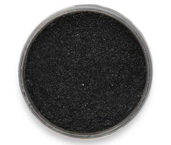 Dark Matter Black Mica Powder by Pigmently, seen in its open container from above.