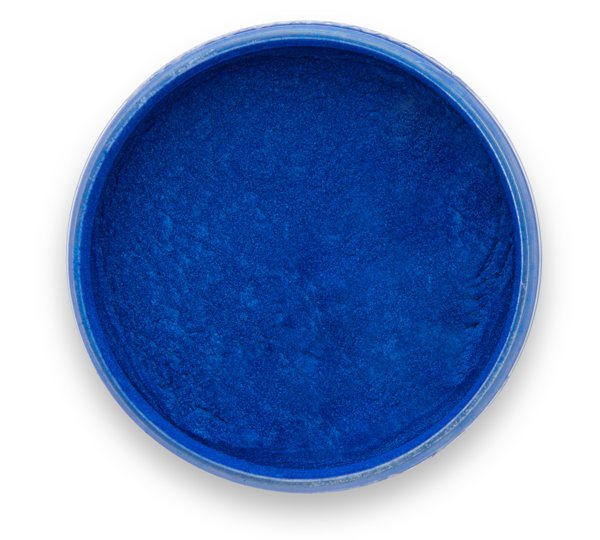 A container of Electric Sapphire, one of Pigmently's signature blue pigments. It's been opened to showcase the vibrant powder contents.