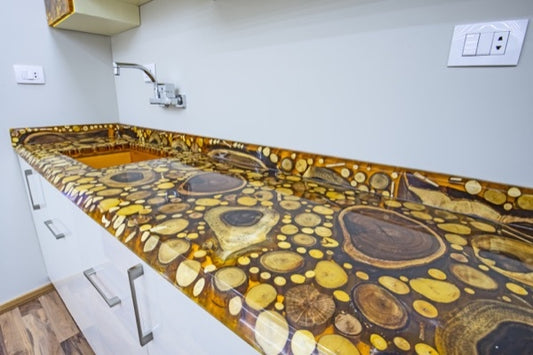 A stunning epoxy bar top made with a orange epoxy pigment.