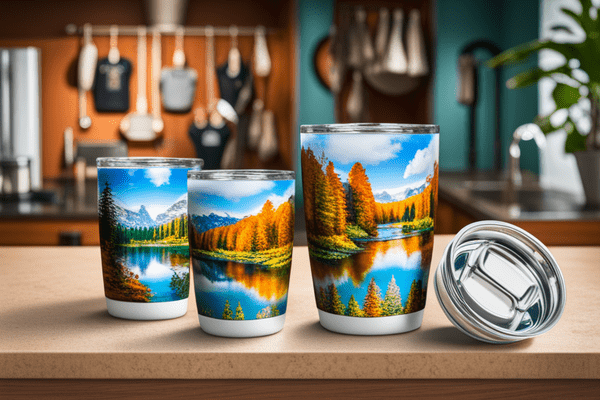 Three resin tumblers with epoxy pigments and other imagery embedded within the resin surface