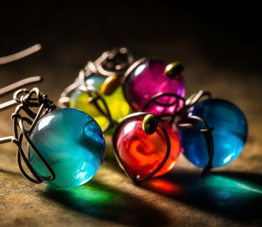 A selection of vibrant resin keychain orbs dyed in various color tones.