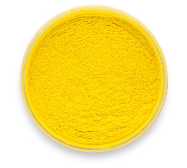 A container of Lemon Yellow Pigment by Pigmently, seen from above with the lid removed to show the contents.