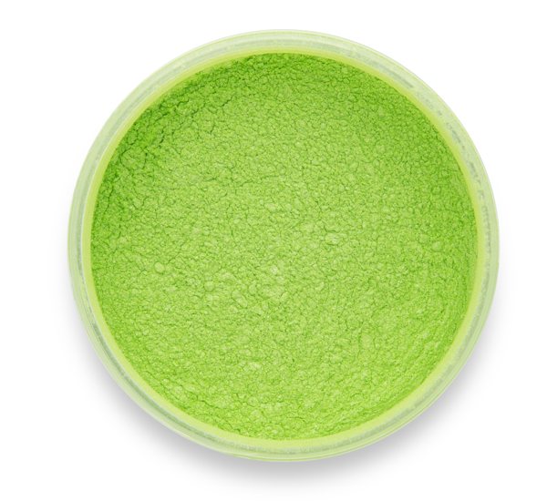 A container of Lime Green by Pigmently, a signature mica green pigment, seen from above with the lid removed to showcase the colorful contents.