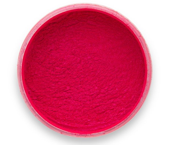 A container of Magical Magenta, one of Pigmently's signature red pigments. Seen from above with the lid removed to show the contents.