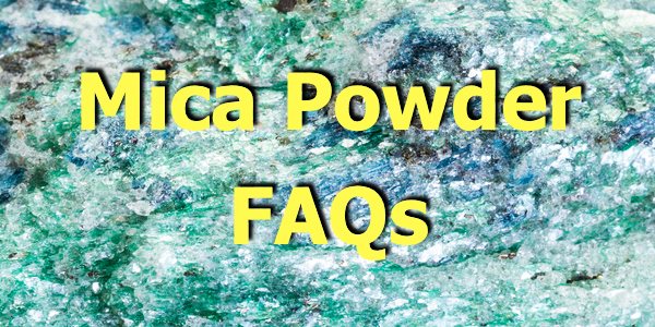 A closeup of a fuchsite mica mineral, with a text overlay that says "Mica Powder FAQs"