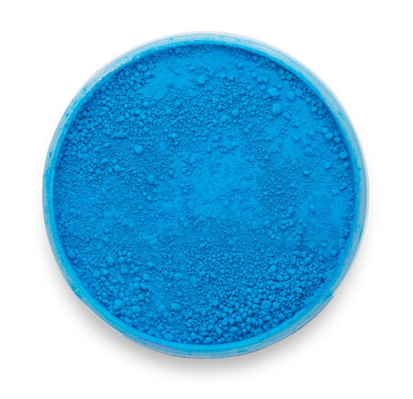 A container of Neon Blue, a signature blue mica by Pigmently. Seen from above with the lid removed to show the colorful contents.