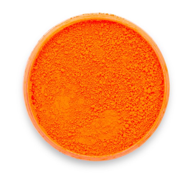 A container of Neon Orange, a signature neon pigment by Pigmently. The container is seen from above with the lid removed to showcase the vibrant contents.