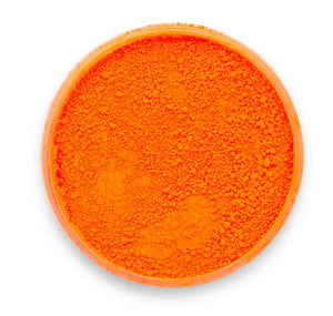 A container of Neon Orange, a signature neon pigment by Pigmently. The container is seen from above with the lid removed to showcase the vibrant contents.