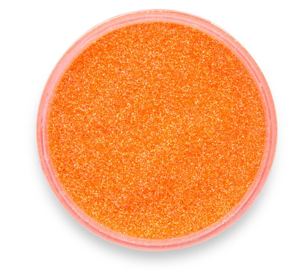 A container of Pigmently's Orange Glitter Pigment, seen from the top with the lid removed to show the sparkling, soft tones.