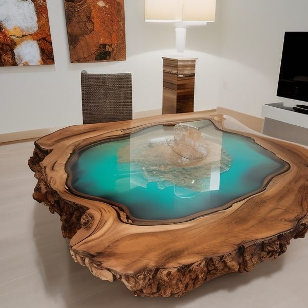A large wooden live-edge coffee table colored with a turquoise epoxy pigment.