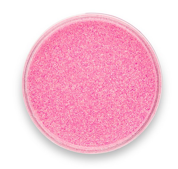 A container of Pigmently's Pink Glitter Mica Powder, seen from above with the lid removed to show the colorful contents.
