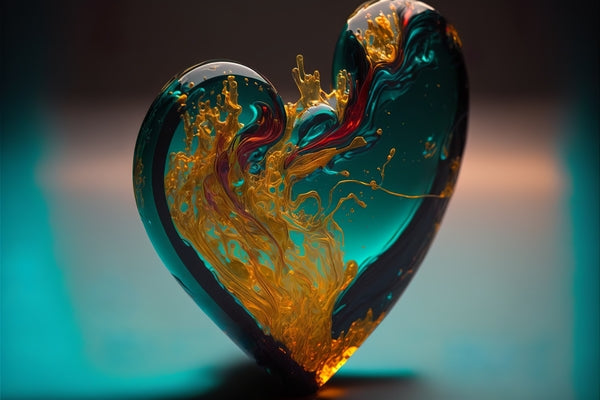 A heart shaped resin pendant made with teal resin dye.