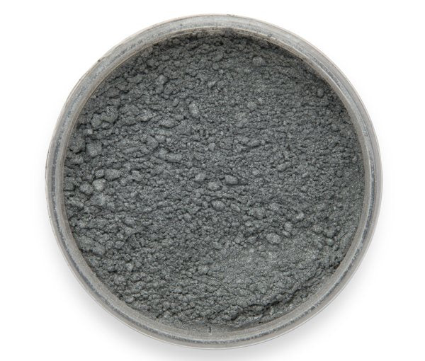 A container of Velvet Night Grey, a signature metallic mica powder by Pigmently—seen from above with the lid removed to showcase the contents.