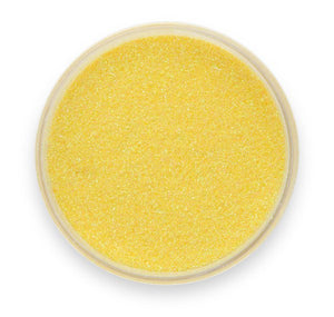 A container of Pigmently's Yellow Glitter Pigment, seen from above with the lid removed to show the contents.