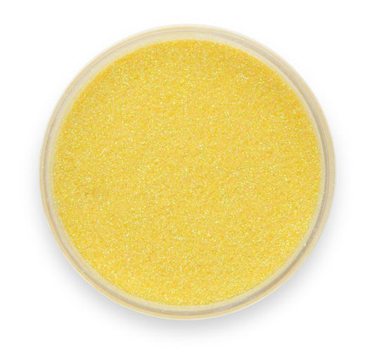 A container of Pigmently's Yellow Glitter Pigment, seen from above with the lid removed to show the contents.