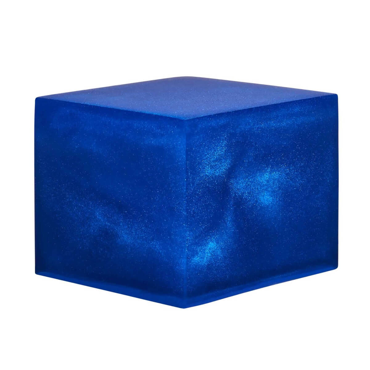 A resin cube made with the Electric Sapphire Mica Powder Pigment by Pigmently.