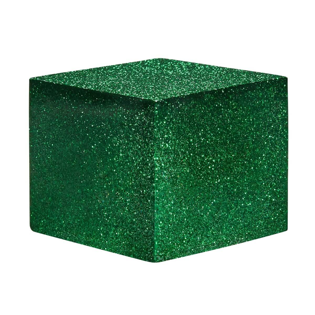A resin cube made with the Green Glitter Mica Powder Pigment by Pigmently.