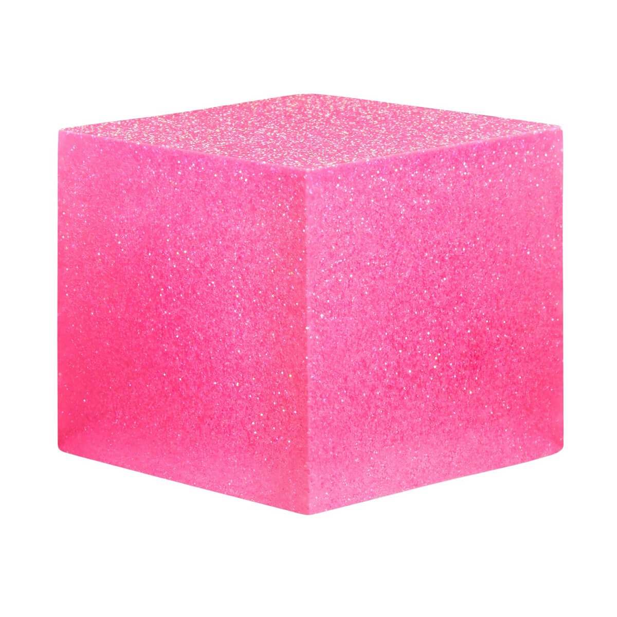 A resin cube made with the Pink Glitter Mica Powder Pigment by Pigmently.
