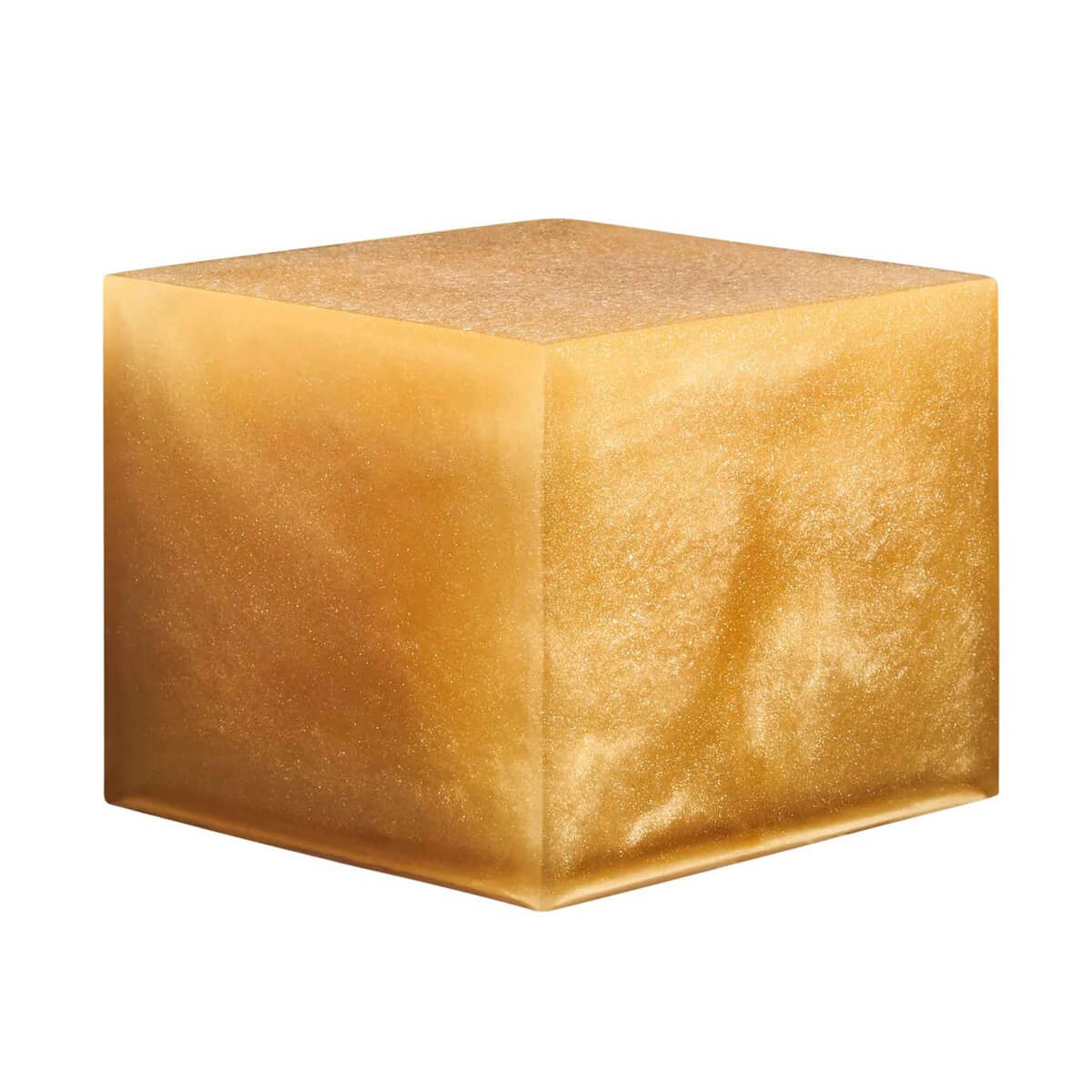 A resin cube made with the Gold Diamond Mica Powder Pigment by Pigmently.