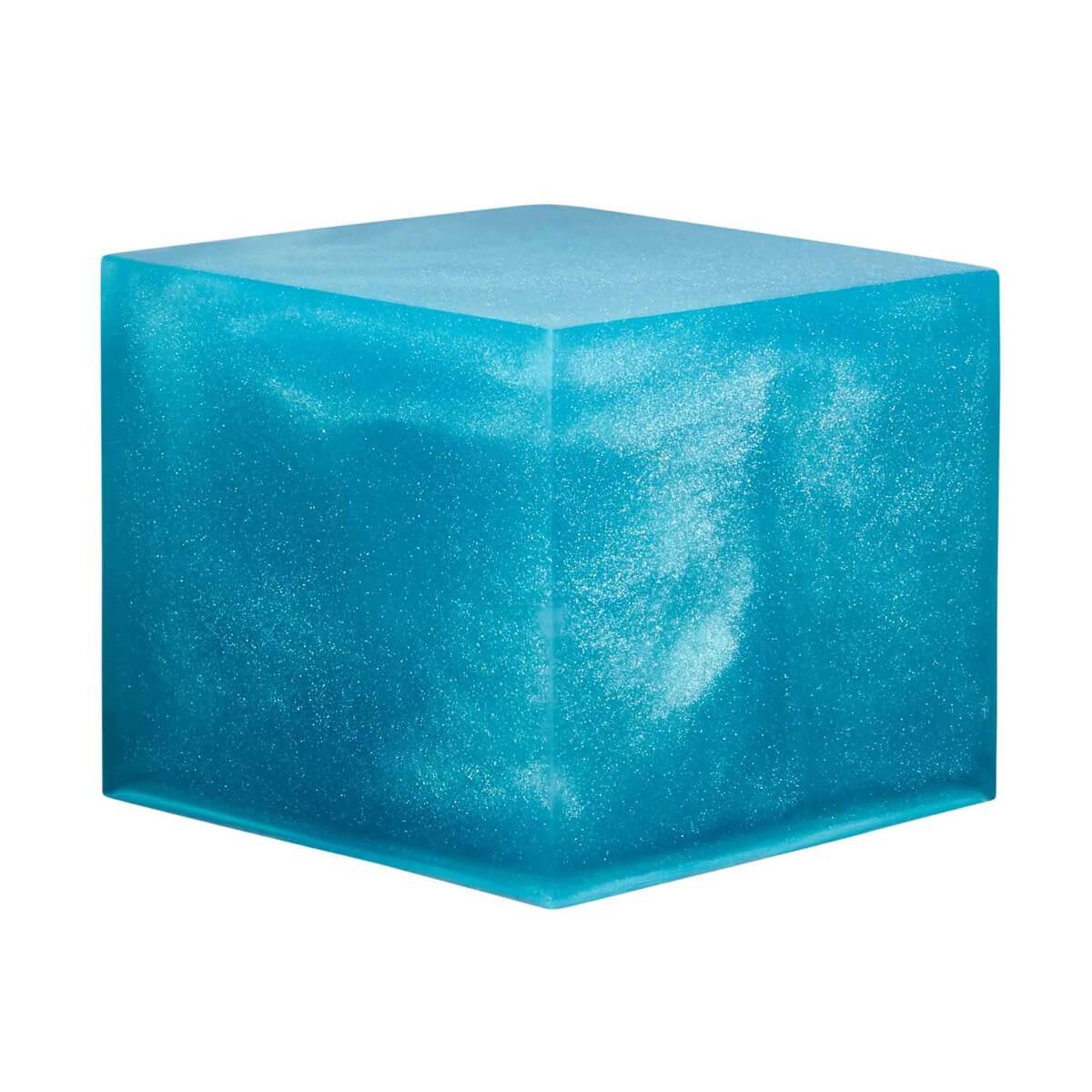 A resin cube made with the Greek Turquoise Pearl Mica Powder Pigment by Pigmently.
