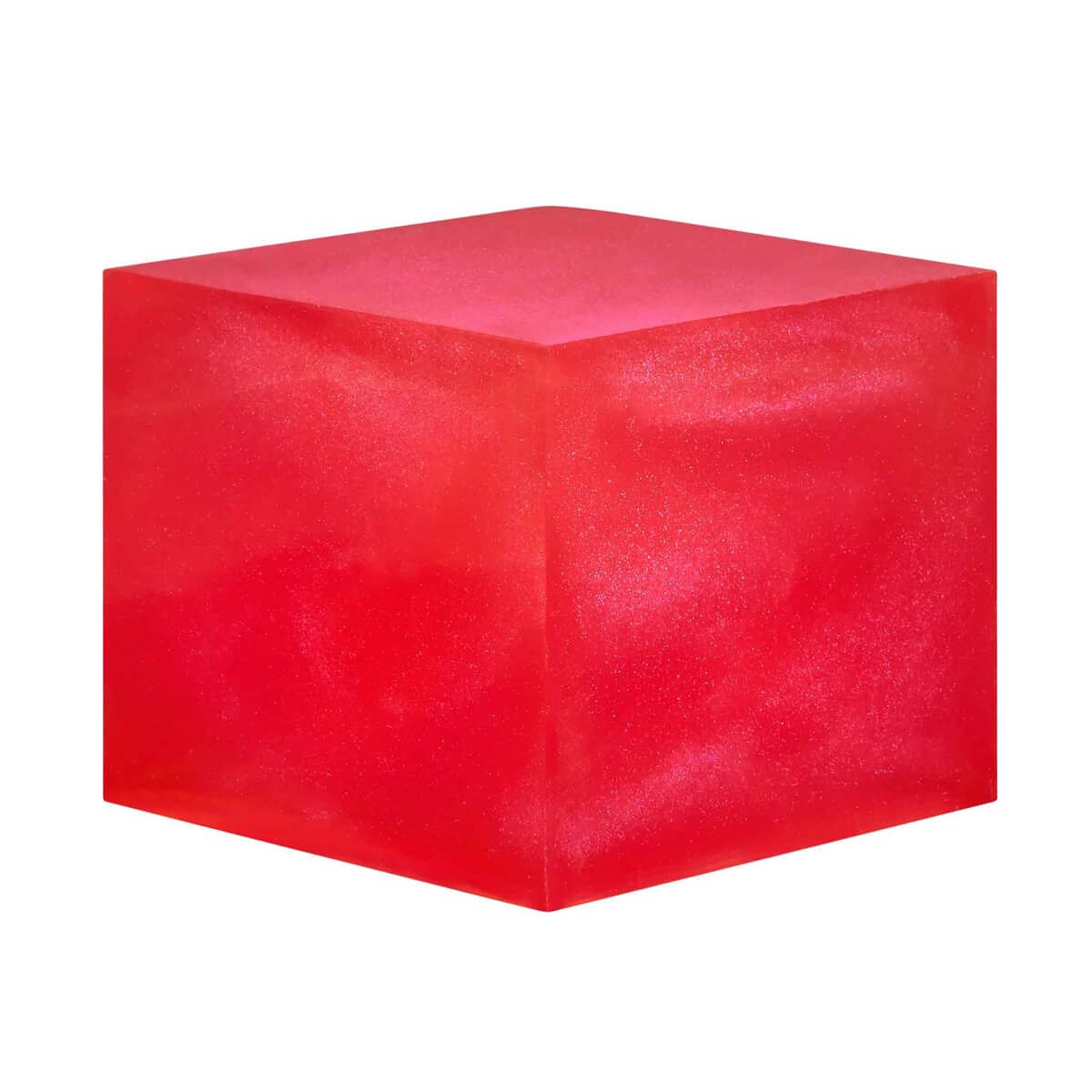 A resin cube made with the Magical Magenta Mica Powder Pigment by Pigmently.