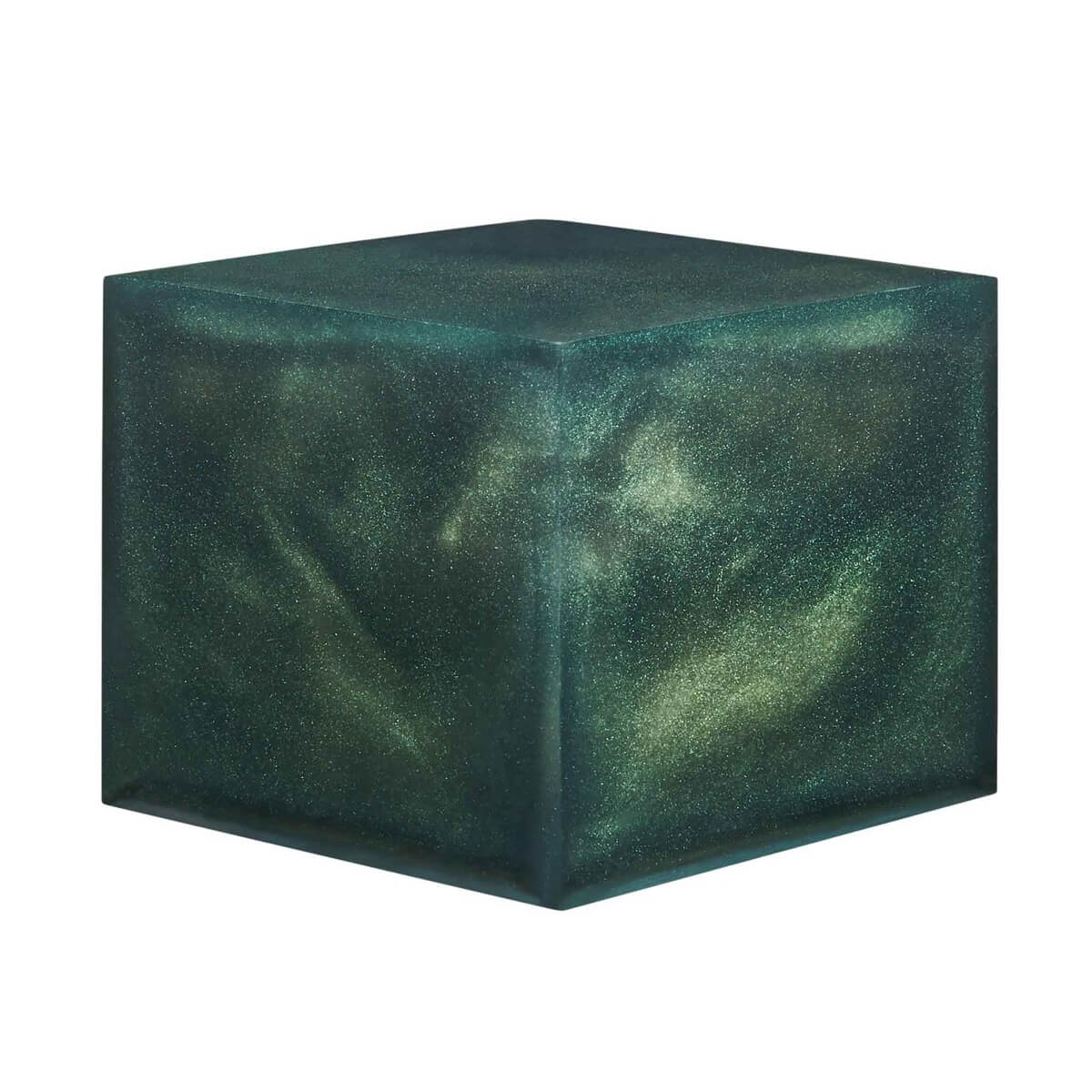 A resin cube made with the Pine Green Mica Powder Pigment by Pigmently.
