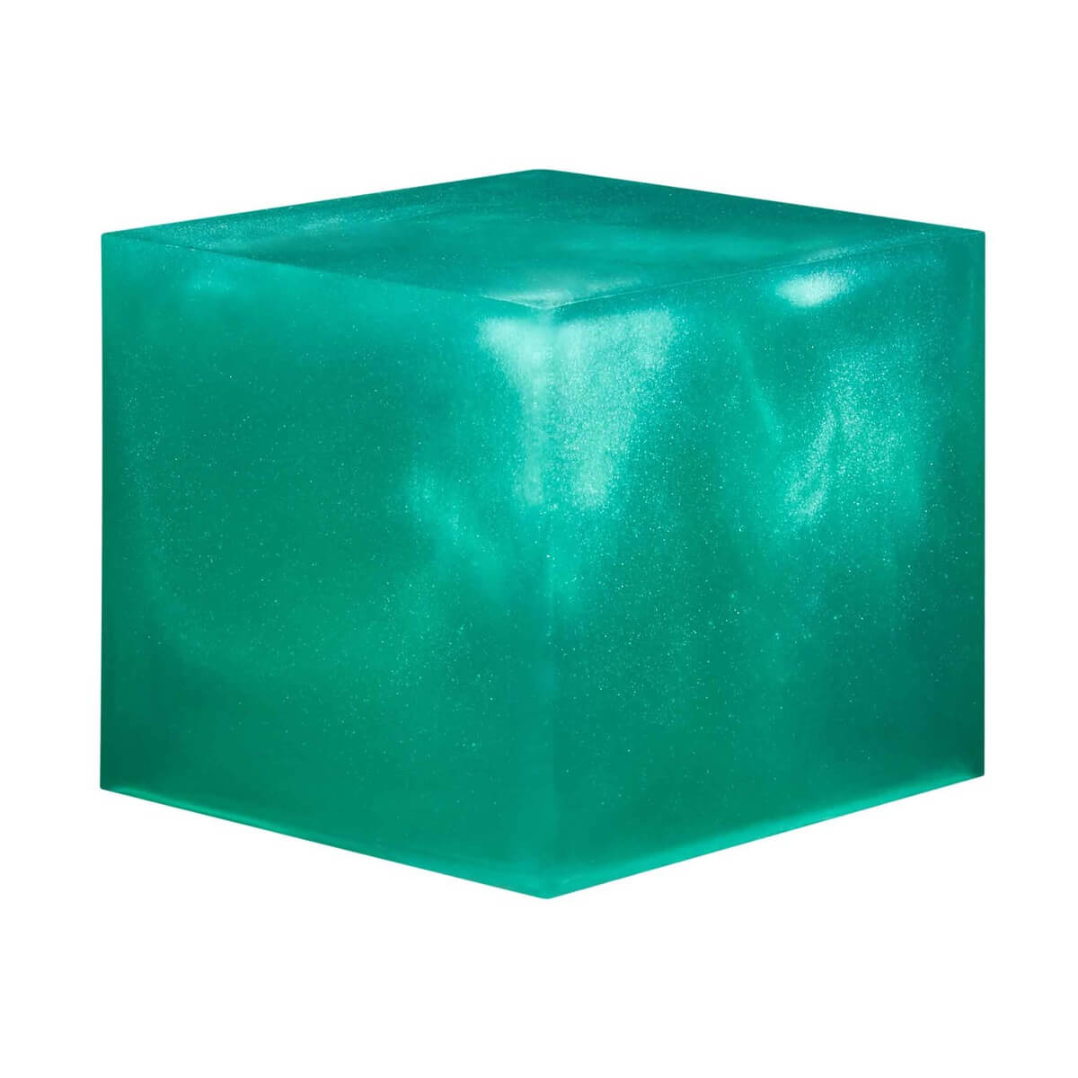 A resin cube made with the River Table Turquoise Mica Powder Pigment by Pigmently.