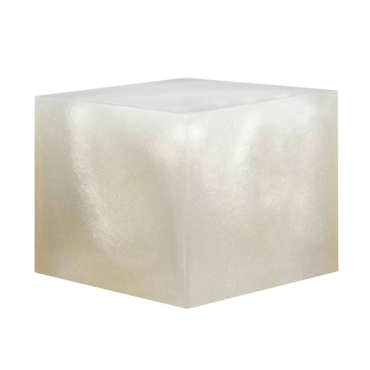 A resin cube made with the Snow Queen Mica Powder Pigment by Pigmently.